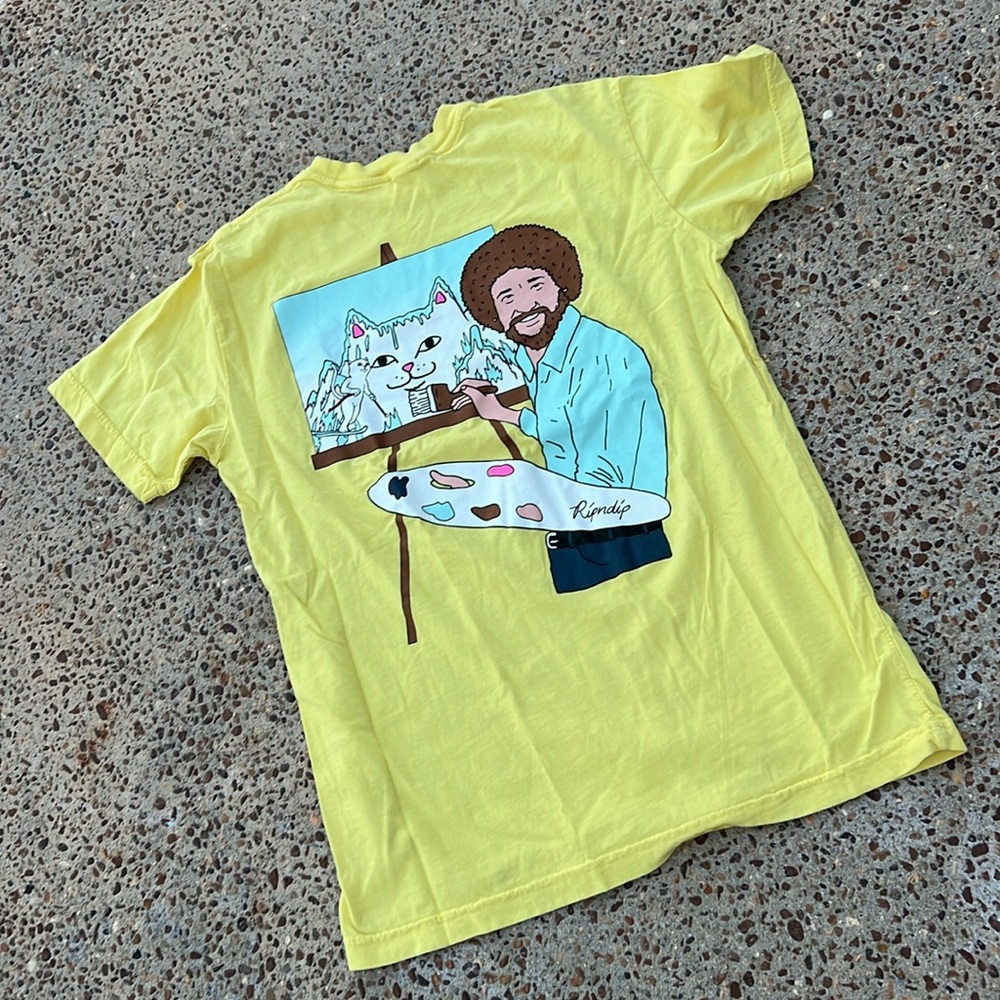 Yellow Graphic Adult T-Shirt— rip n dip ripndip - Bob Ross design with cats!!!